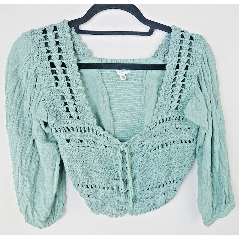 Earthbound Trading Co Women's L Boho Crochet Knit Top Sage Green Peasant Blouse